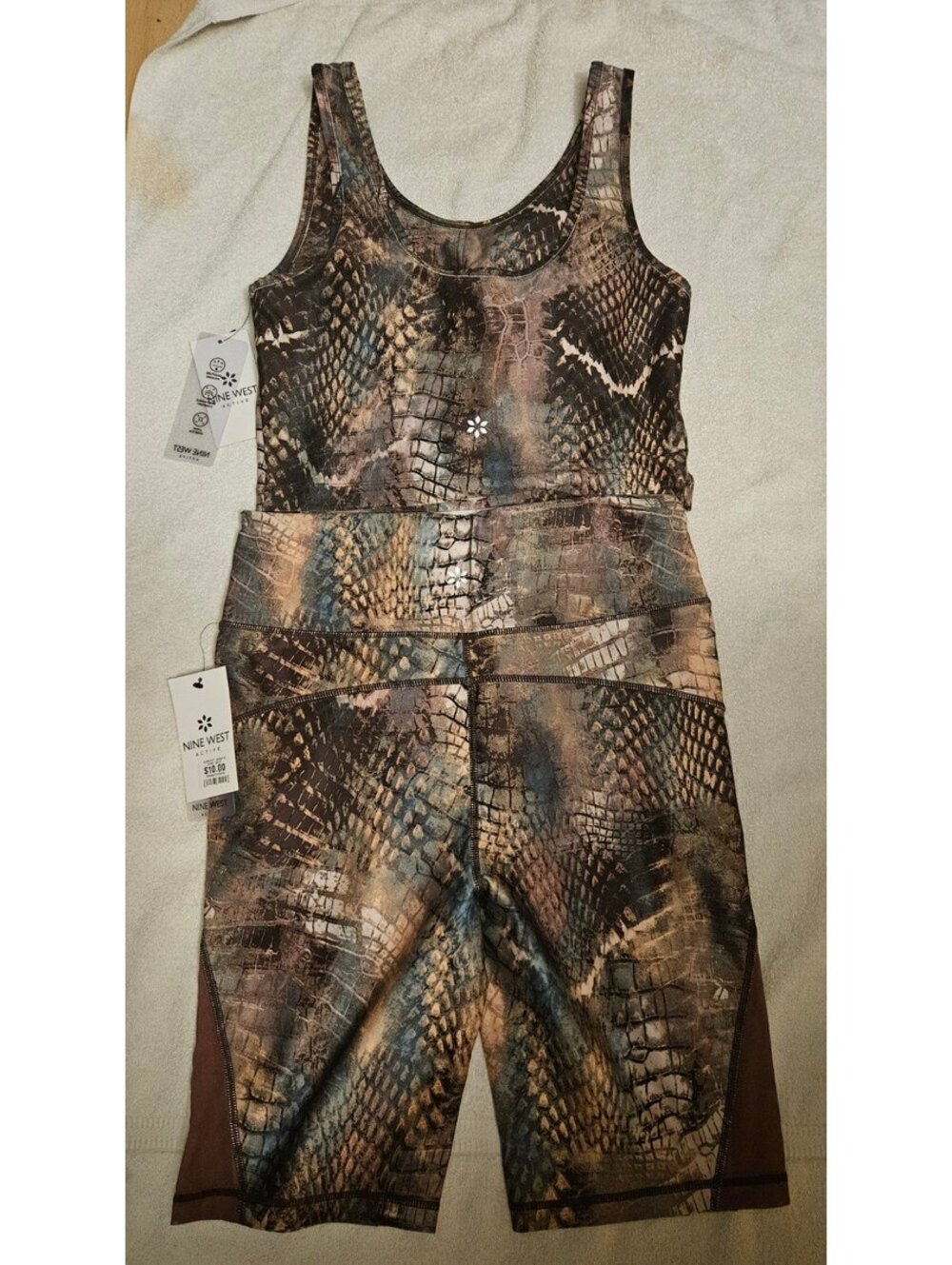 Nine West Active L 2 Piece Workout Set NWT Snake Print Bra Biker Shorts
